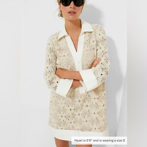 TUCKER NUCK Tan Crochet Collier Dress Cream Lace Button-Up Blouse